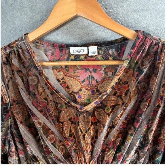Whimsigoth Brown Floral Crushed Velvet Babydoll Top Large Boho Artsy Earthy - Picture 4 of 8